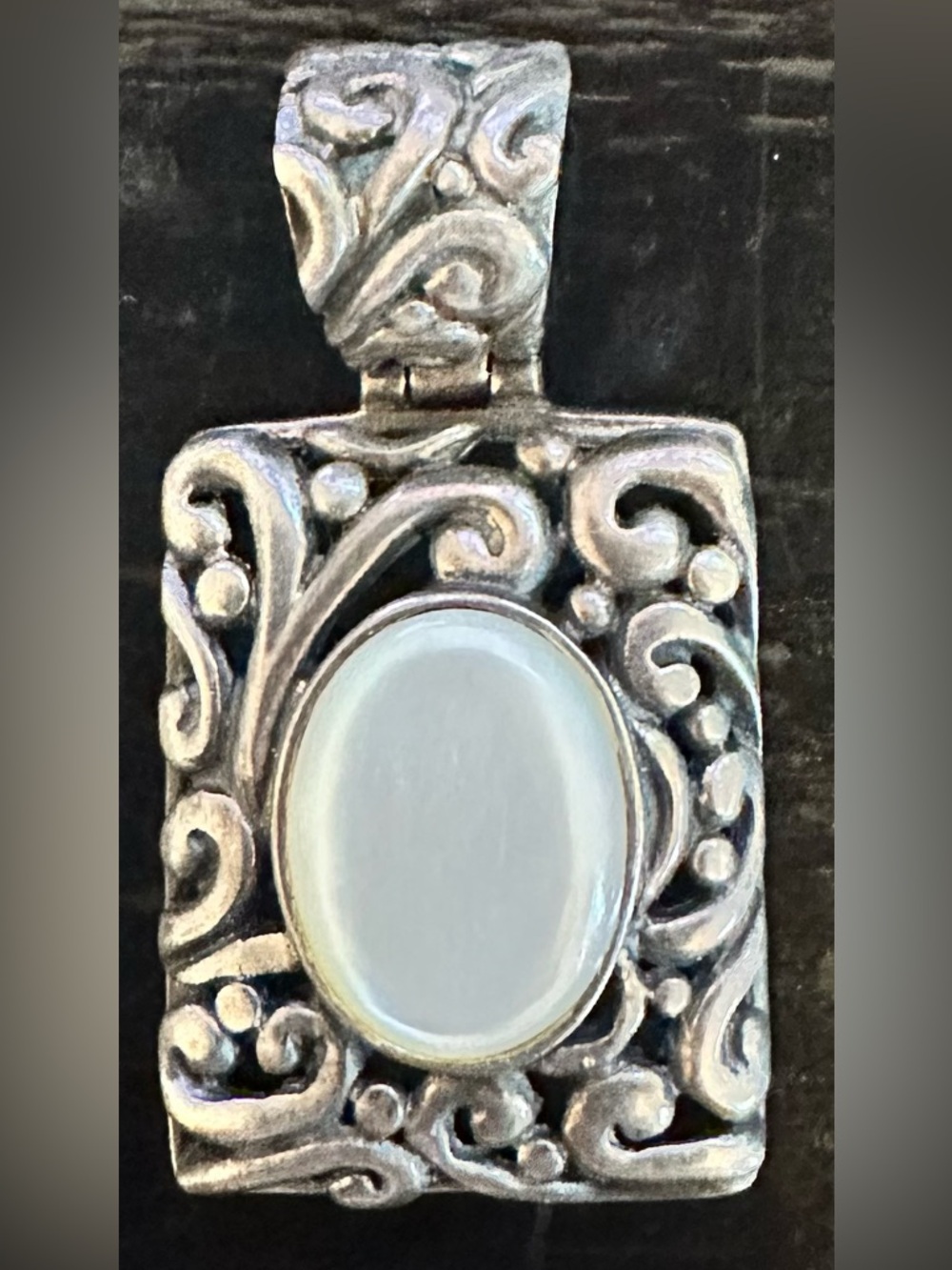 Sterling-Style Mother of Pearl Stone Scrollwork Large Pendant.